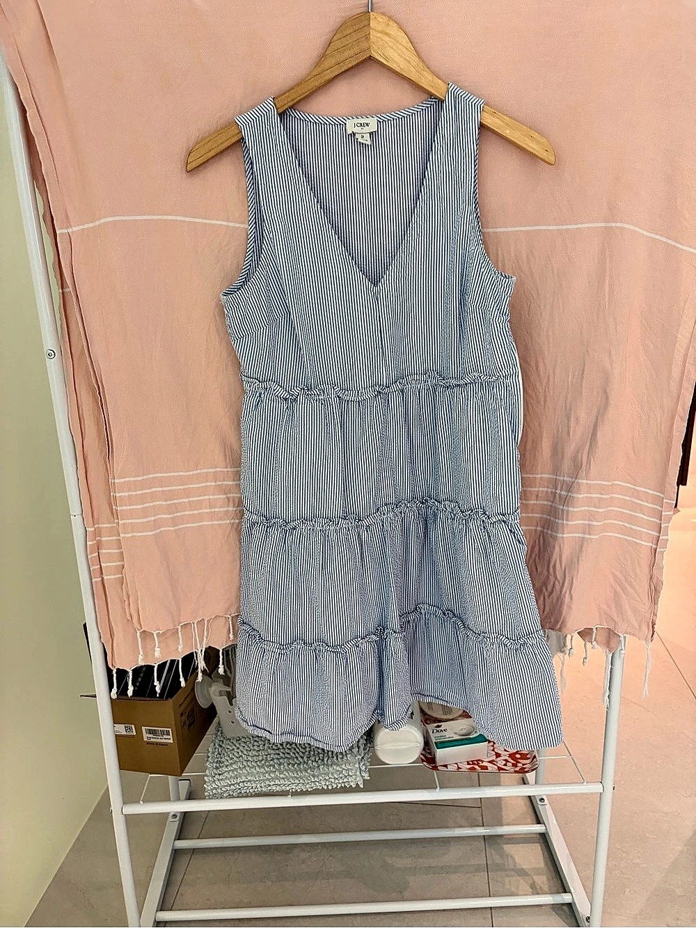 J.Crew Tiered Midi Dress in Seersucker Striped Blue & White Size 2